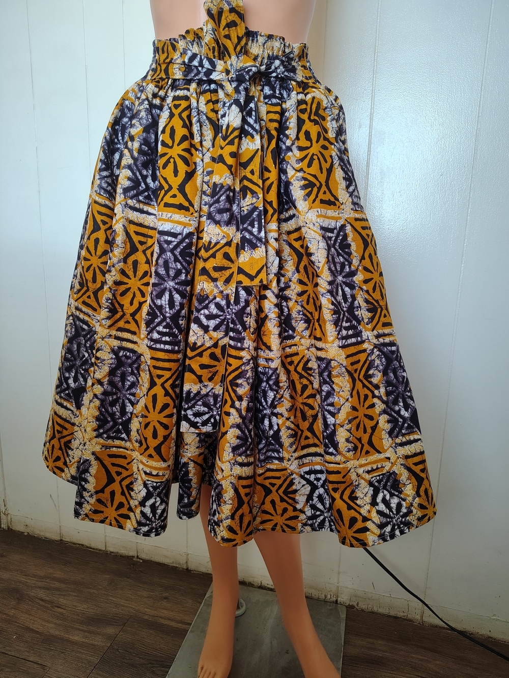 Look At Me Ethnic/Batik Print Midi Skirt with Matching Waist Tie, One Size.